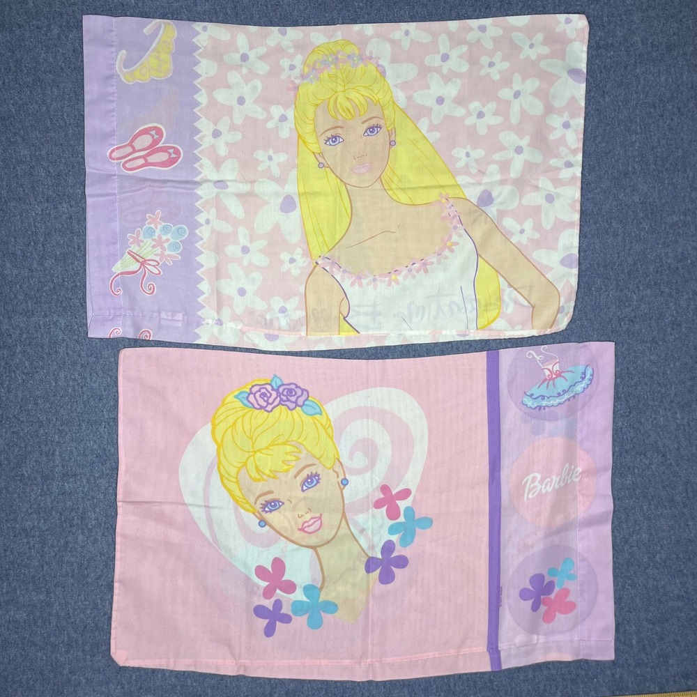 VNTG Barbie Dreamtime Ballerina Twin Flat Sheet 2 Pillowcases Pink 2000‎ Mattel
